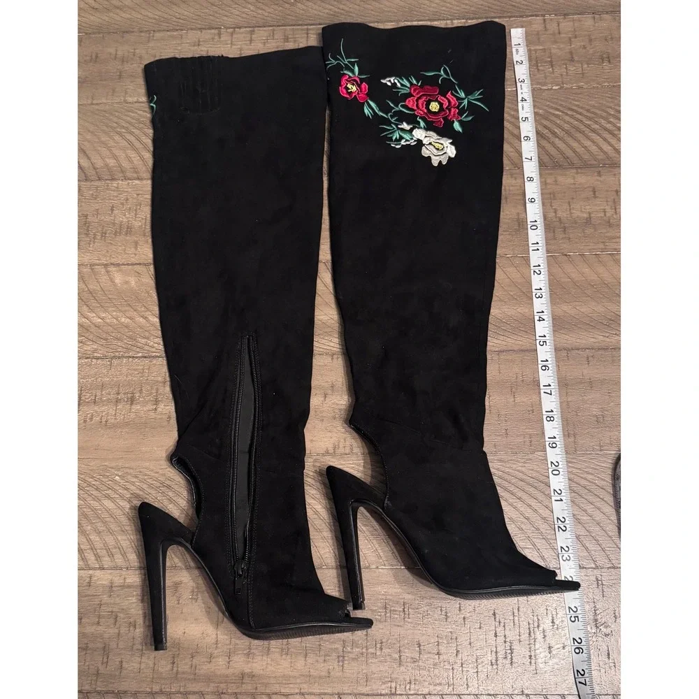 Qupid Black Floral Embroidered Over The Knee Boots Heel Stiletto Suede Size6.5-7